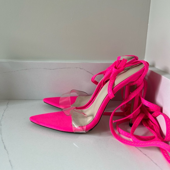 Pink lace up heels with transparent strap, size 7. Worn once. - Picture 3 of 3